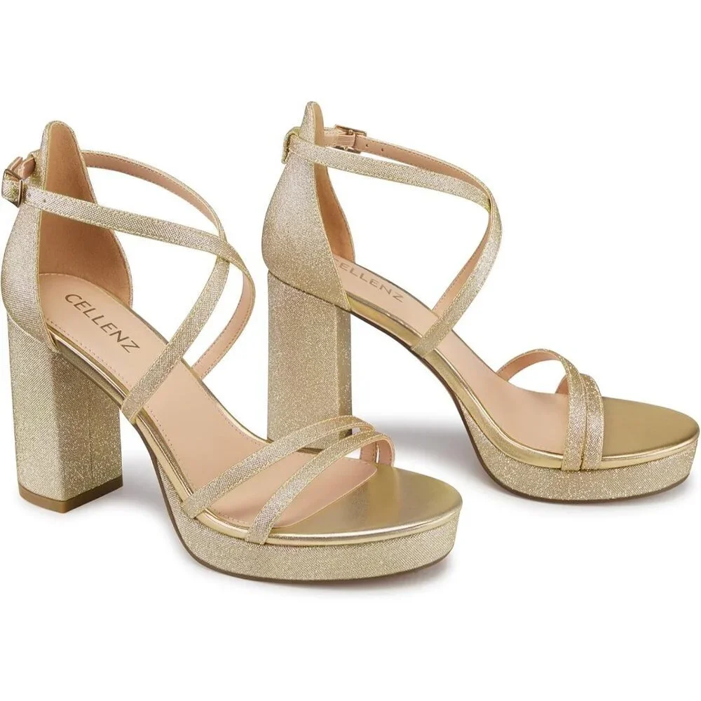 Womens Glitter-Gold Sandal Stylish Comfortable Chunky Blocked Strappy Heel Shoes